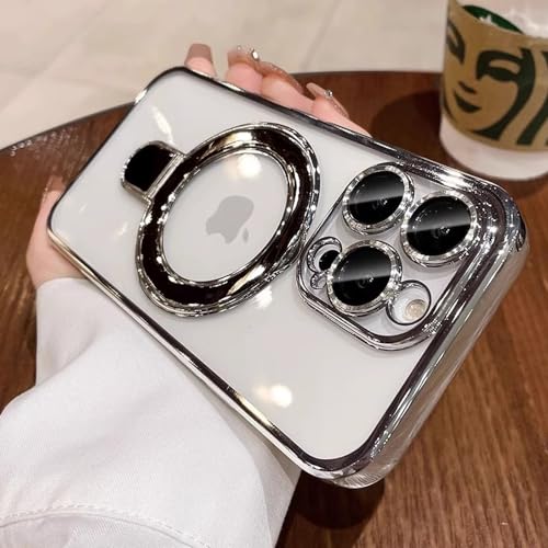 Image of Magnetic Case for iPhone 16 Pro Case Stand & Ring Holder Compatible with MagSafe Built-in Camera Lens Protector Shockproof Phone Case for iPhone 16 Pro 6.3 inch - Silver