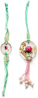 Kusuum 51 Handmade Resin Bhai Bhabhi Lumba Rakhi Combo – Designer Lotus Rakhi Set for Brother & Sister-in-Law, Premium Raksha Bandhan Festival Gift with Decorative Beads