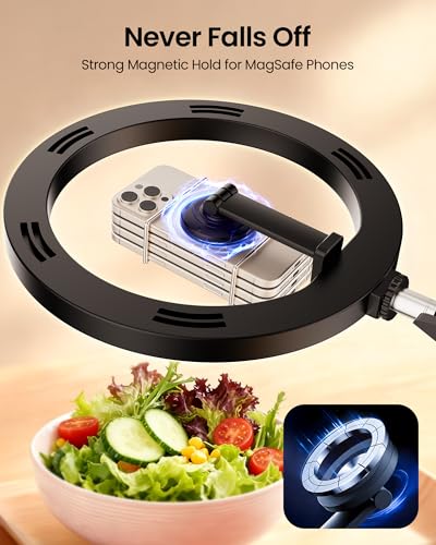 Image of Ring Light with Stand with Magnetic Phone Holder,Overhead Phone Mount for Desk,10 inch LED Tripod for iPhone with Ring Light and Remote,Phones Stand for Video Recording,Live Streaming,Cooking Video