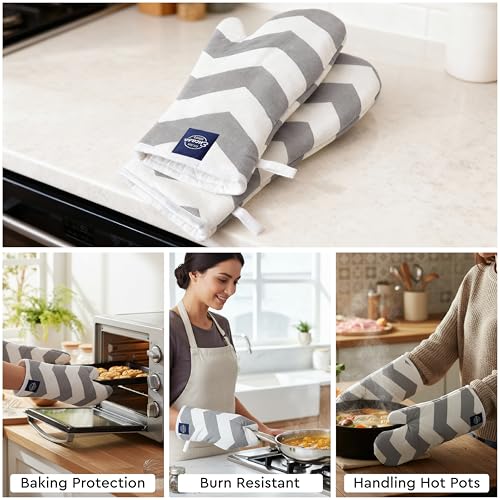 Image of Encasa XO Extra Long 18x35 cm Microwave Oven Gloves Mitts (2 pcs) for Kitchen Cooking - ZZ Grey - Heat Resistant, Thick & Safe, Protection of Hands from Hot Utensils, Gas Flame, Grill, Barbecue