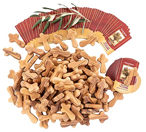 Zuluf CRS301 100 cruces pequeñas de madera de olivo de Belén Israel, cruces de bolsillo, regalo religioso para niños y adultos, viene con 100 certificados de Tierra Santa de 6 cm cada cruz, CRS301