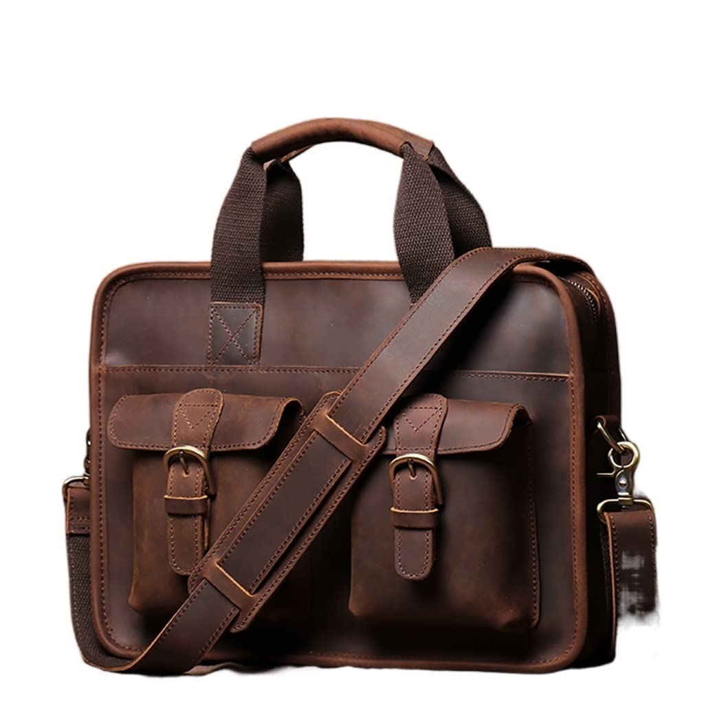N/A Briefcase Man Handbag Shoulder Genuine Leather Bags Brown Business 14 Inch Laptop Bag