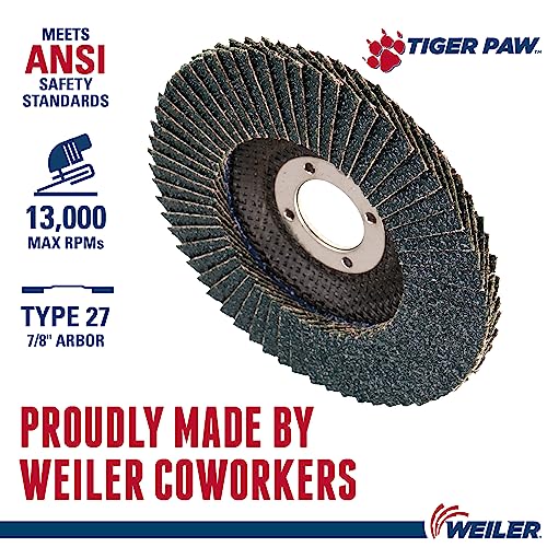 Image of Weiler 51107 4-1 /2 inch Tiger Paw Abrasive Flap Disc, Flat (Ty27), Phenolic Backing, 36Z, 7 /8 inch Arbor Hole (Pack of 10)