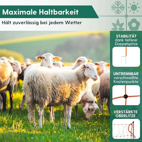 Agrarzone® Schafnetz Schafzaun mit Strom [Orange- 50mx108cm] - Weidezaun Elektro Netz - Mit Doppelspitze & Pfähle - Schutzzaun für Schaf Ziege Lämmer - Elektro Zaun Geflügelzaun Ziegenzaun Schafzäune