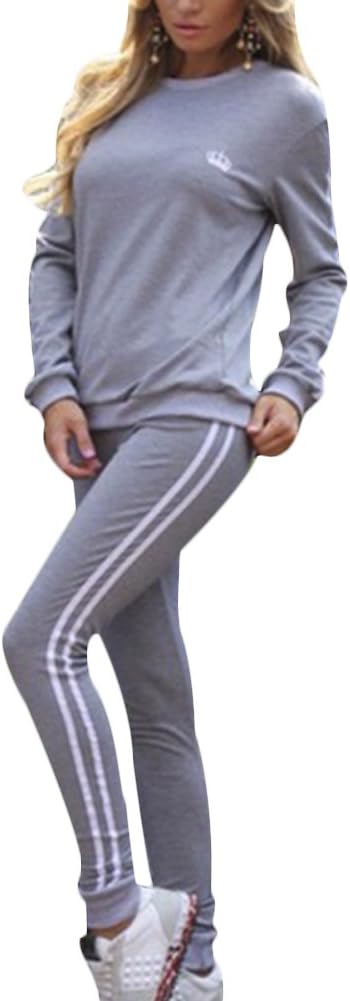 TideccWomen Tracksuit Set Long Sleeve Stripe Sweatshirt Hoodies+Pants Sports Suits 2PCS Full Tracksuit 4 Colours