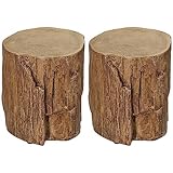 HOMCOM Tree Stump Stool, Decorative Side Table with Round Tabletop, Concrete End Table with Wood Grain Finish, for Indoors and Outdoors, Set of 2, Natural