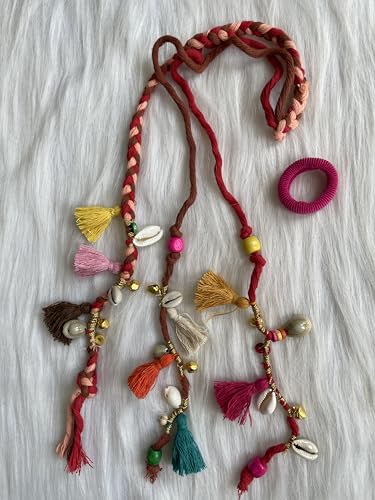 Image of Zippy Flora Handmade Boho Colorful Hair Strings | Navratri & Ethnic Festive Hair Accessories | Red Vibrant Braided Thread Hairband & Hair Extensions for Women & Girls | Bohemian Styling Hair Jewelry