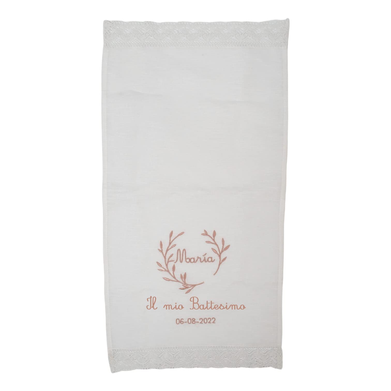 Kit di lusso personalizzato per battesimo - Set de candela, panno e conchiglia ricamati - Scatola di legno lavorata con il nome e la data di battesimo - Modello Bambula (Rosa cipria)