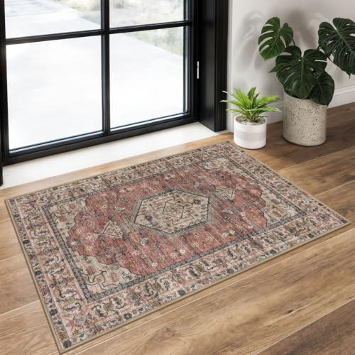 KUTA Vintage Entryway Rugs Indoor Terracotta Pink Washable Rug 2x3