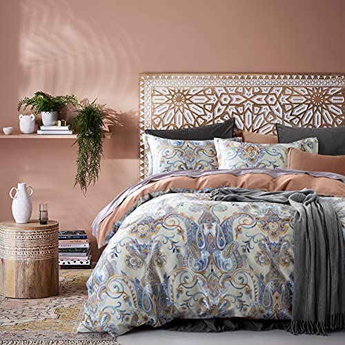 Venetian Damask Bohemian Paisley Duvet Cover Set Boho Chic Watercolor Medallion 400Tc Egyptian Cotton Sateen Luxury Style Bed Linen (Copper Blue, Super King) #TOP28