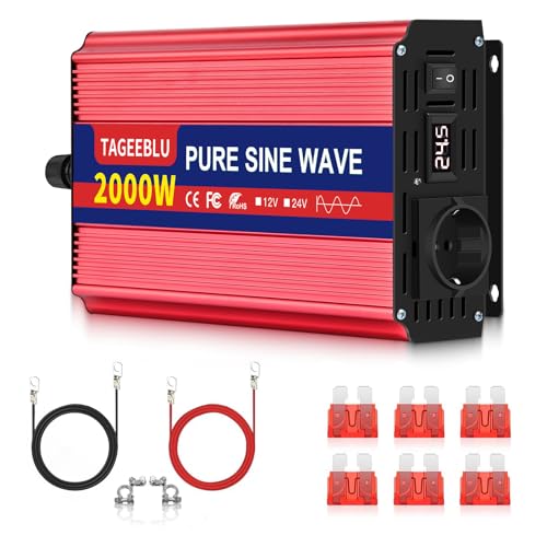 TAGEEBLU 2000W 24V wechselrichter 24V auf 230V Reiner Sinus, spannungswandler 24v 230v, Wechselrichter für Fahrzeuge mit Alligatorclip, EU Steckdose und LCD Bildschirm