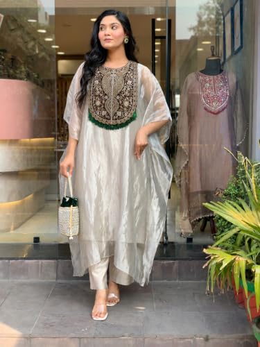 Image of GoSriKi Kurta Set for Women Glass Tissue Embroidered | Kaftan Kurti Set for Woman | Kurta Palazzo 2 Piece Outfit | Round Neck Kaftan Sleeve Ethnic Dress Stylish Womens Clothing