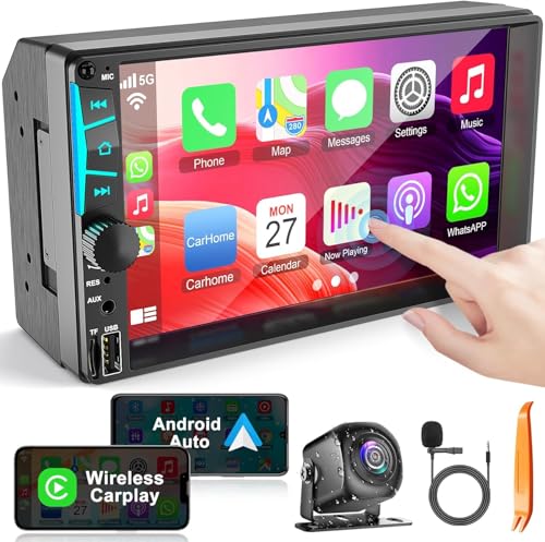 Wireless 7 Inch Double DIN Car Radio with Carplay Android Car Touch Screen Car Audio Receiver Headunit Bluetooth 5.3 Rear View Camera FM/AM/RDS SWC Mirrorlink Charging Function
