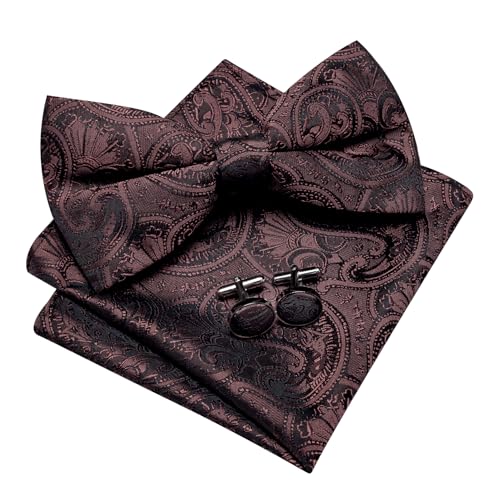 Image of Barry.Wang Paisley Striped Bow Tie for Men Silk Pre-Tied Bowtie Pocket Square Cufflinks Set Formal Wedding Party Prom