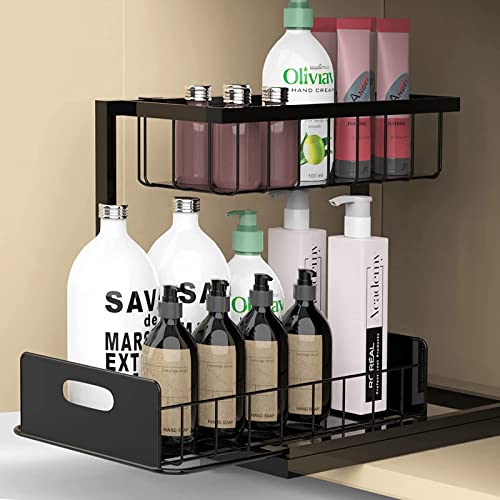 RIRPUAE Under Sink Organizer, 2 Tier Pull Out Cabinet Organizer Shelf And Storage Double Shelf Drawer for Bathroom Kitchen, Multi-Purpose Sliding Drawers Baskets