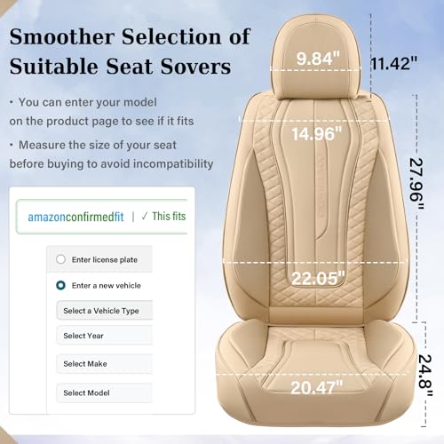 Image of Coverado Car Seat Covers for Front Seat, Leather Seat Covers for Cars, Front Seat Covers, Waterproof Car Seat Protectors Car Seat Cushions Universal for Most Vehicles, Beige