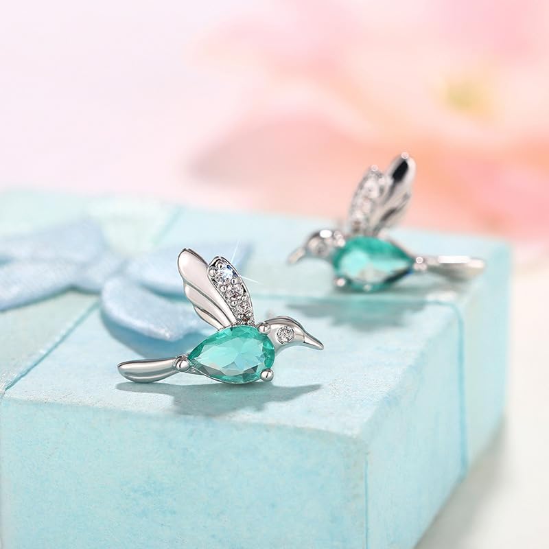 Cute Bird Hummingbird Animal Stud Earrings for Women 925 Sterling Silver Water Drop Emerald Dainty Simple Green Crystal Tiny Bird Stud Earrings for Her Jewelry Gifts - Image 4