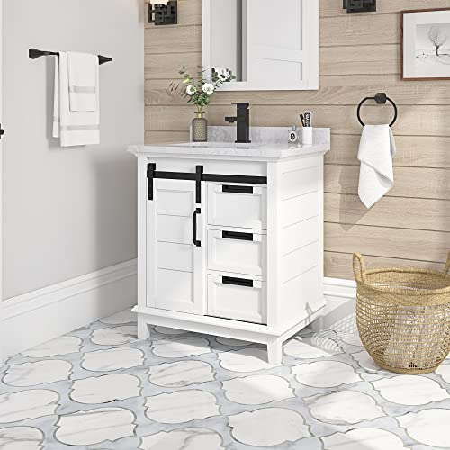 Ove Decors Bathroom Barn Door Vanity With Cloudy Cultured Marble Countertop, 30 Inches, White #TOP1