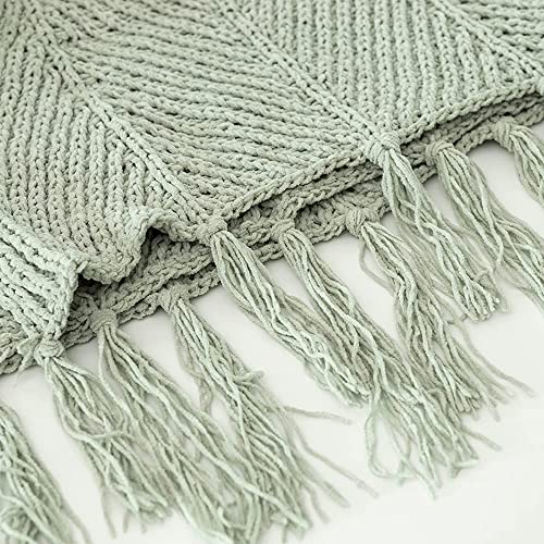 Sofila Sage Green Chenille Tassel Fringe Throw Blanket Textured Knitted Super Soft For Couch Bed Sofa Living Room Framhouse Warm Fluffy Cozy Plush Knit - 60 X 80 Inches #TOP2