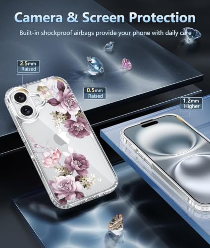 Image of Elzzi Clear Transparent Flower Cover for iPhone 16 Case Shockproof Floral Design Full Camera Protection Shockproof PC+TPU Cover Clear for Girls & Women (Deep with Leaf)