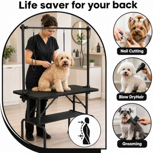 Image of 46 Inch Foldable Dog Grooming Table with Adjustable Arm, Nooses & Storage Basket - Non-Slip Pet Grooming Station for Dogs & Cats - Supports Up to 300 lbs (46 inches)
