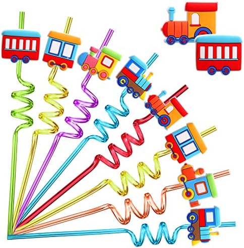 AFZMON 24 PCS Train Drinking Straws Reusable Plastic Beverages Cocktail Straw with Cartoon Decoration for Kids Train Party Supplies for Birthday Party Favors