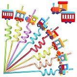 AFZMON 24 PCS Train Drinking Straws Reusable Plastic Beverages Cocktail Straw with Cartoon Decoratio