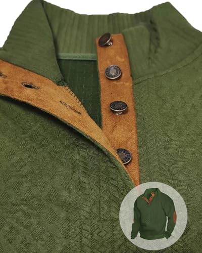 Mens Casual Sweatshirts, Stand Collar Quarter Button Up Polo Pullover, Outdoor Fashion Long Sleeve with Elbow Patches3