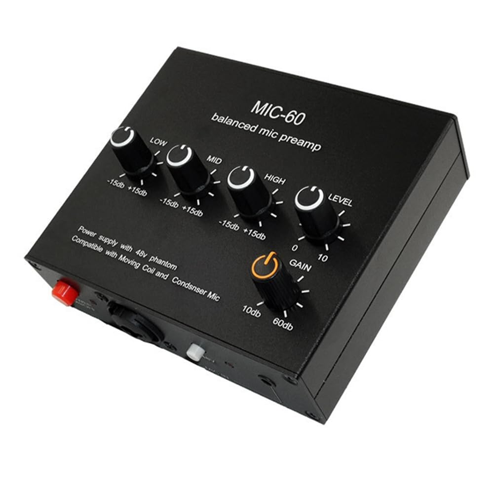 Amplificatore Microfonico Dinamico Bilanciato Amplificatore Audio Musicale MIC-60 con Alimentazione Phantom 48V con da 3,5 mm