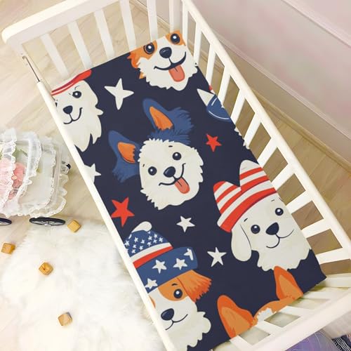 Image of Crib Sheet Breathable Soft Crib Mattress Sheet for Baby Toddler Boys Girls Fitted Crib Sheet Fit Standard Crib Mattress 39 x 27 Inch July 4th Cute Dogs Blue