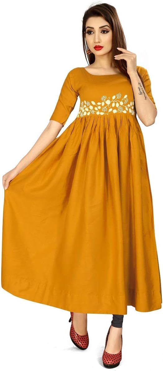 DREAMANGEL FASHIONWomens Rayon Boat Neck Hand Work Dress Anarkali Kurta (Ex-Large, Mustered)