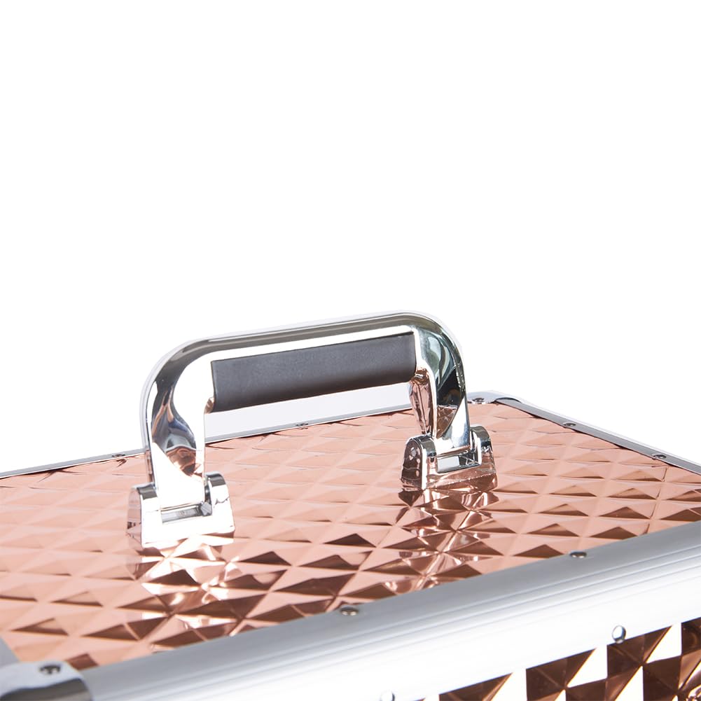 BAKAJI Maleta de maquillaje profesional, neceser esteticista portátil, maletín porta maquillaje con textura oleográfica triangular y ruedas desmontables, maletín organizador maquillaje viaje, dorado,