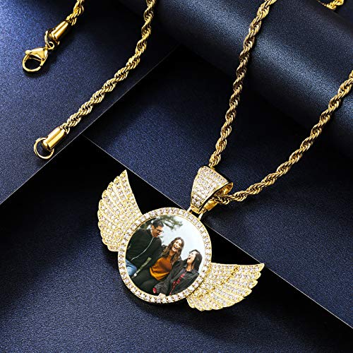 VIBOOS Personalized Hip Hop Memory Pendant Necklace Custom Picture Text for Men Women Custom Photo Copper Angel Wing Heart & Round Medal Rope Chain Jewelry Souvenir Gift4
