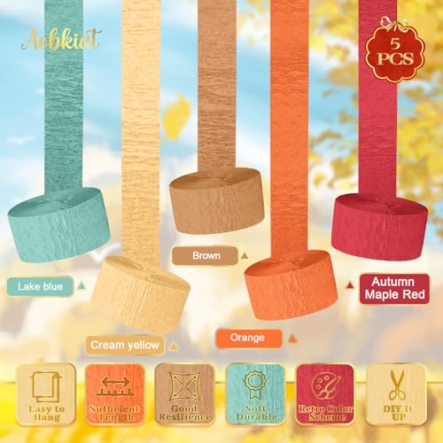 Image of AOBKIAT Fall Colorful Streamers Party Decorations,5 Rolls | Orange Brown Yellow Red Lake Blue Crepe Paper Streamers for Harvest,Thanksgiving,Birthday Wedding Baby Shower,Rustic Party