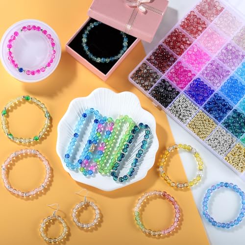 Funtopia Perlen für Armbänder,1396-Glasperlen zum Auffädeln,34 Farben Knistern Runde Gemstones 6mm mit Löchern,Perlenset für Armbänder Erwachsene Kinder.DIY-bastelsets Selber Machen mit Spacer Charms