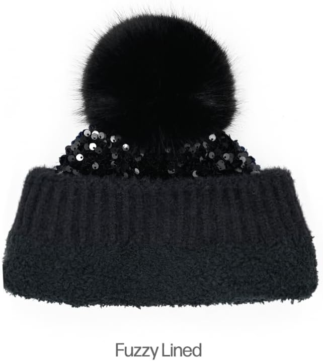 C.C Sequin Pom Beanie for Women - Acrylic Stretchable Soft Warm Knit Winter Skully Hat with Yarn Pom - Image 4