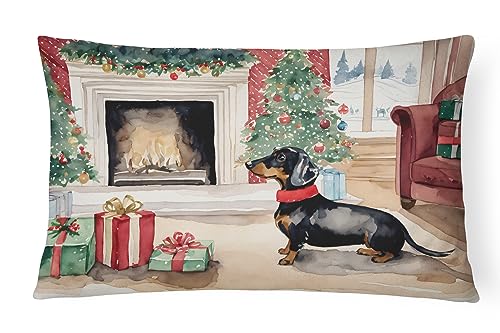 Caroline's Treasures DAC1337PW1216 Black and Tan Dachshund Christmas Fabric Decorative Pillow Machine Washable, Indoor Outdoor Decorative Pillow for Couch, Bed or Patio, 12HX16W