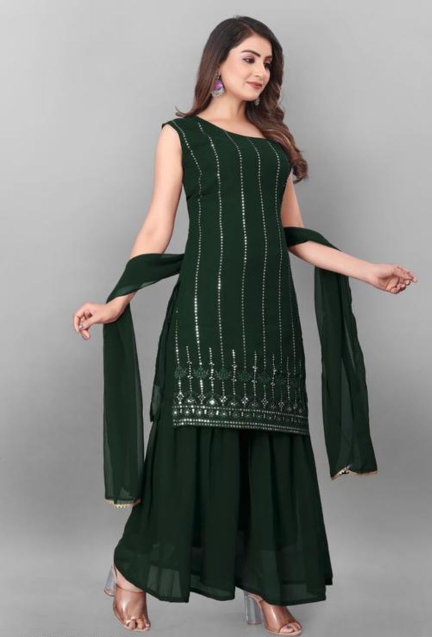 Women’s Georgette Sharara Suit Set | Sleeveless Kurti with Silver Work & Dupatta Women’s Georgette Sharara Suit Set | Sleeveless Kurti with Silver Work & Dupatta