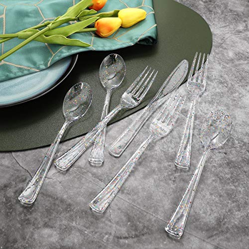 Supernal 360Pcs Clear Plastic Silverware,Clear Glitter Disposable Cutlery With Colorful Design,Plastic Forks And Spoons,120 Forks,120 Knives,120 Spoons,Perfect For Parties Birthday thumb #3