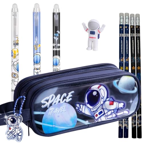 FAMU Land Estuche Escolar 3 Compartimentos Astronauta con Bolígrafos Borrables Lapices y Material Neceser para Colegio Niño y Niña. Estuches Escolares con papeleria. Pencil Case Eraser Pen