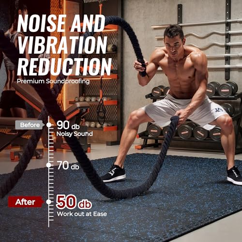 Image of SUPERJARE 0.79'' Extra-Thick Exercise Equipment Mats, 36 Pcs 144 Sq Ft Rubber Top Floor Tiles with High Density EVA Foam, Interlocking Gym Flooring for Home Gym, Workout Mat, Black /Blue