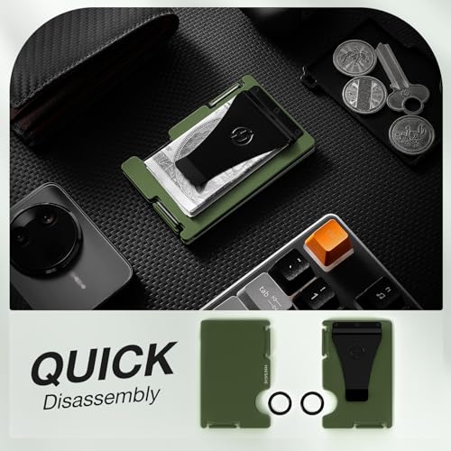 Wallet for Men with Inner Key Coin Tray, Minimalist Card Holder with Money Clip, Slim Metal Front Pocket Wallet, RFID Blocking, Army Green, PMLCO-043