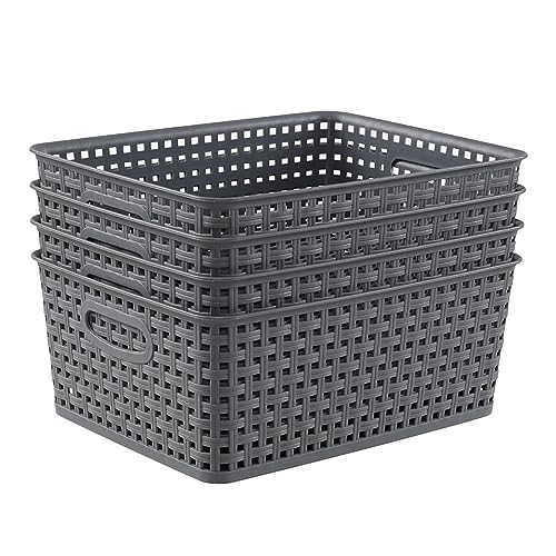 Hespama Grey Plastic Storage Baskets with Handles, 4 Packs