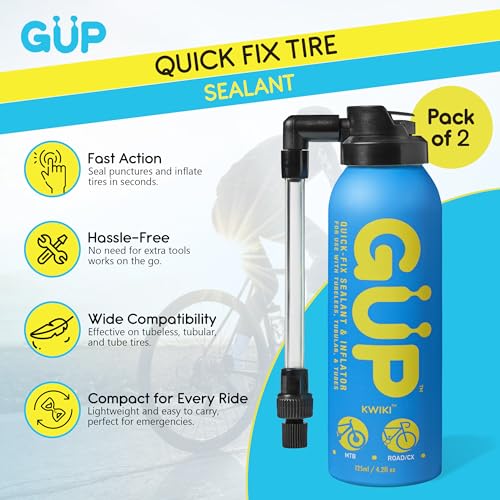 G U P Kwiki Quick Fix Tire Sealant and Inflator 2 Pack | Instantly Seals and Inflates Tubeless or Tubed Tires for Mountain, Road, Gravel Bikes | Hose Top Adapter for Schrader and Presta Valves