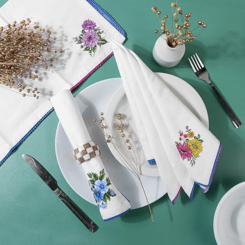Image of FINGERCRAFT Cloth Napkins Set of 12 Cotton Linen Blend Fabric with Classic Lace 20x20 Inch Dinner Napkin Durable and Good Absorbency for Home, Hotels, Parties (Multi Floral)