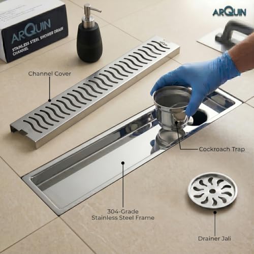 Image of ARQUIN Bathroom Shower Drain Channel 12x4 Inch Floor Drainer 304 Grade Stainless Steel Bathroom Drain Water Drain Channel for Bathroom with Cockroach Trap (1mm Thickness)