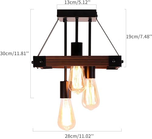 Miniatura 4 de Lámpara de techo semiempotrada de granja, luces para dormitorio, lámparas de cocina de metal negro y madera con 3 enchufes de bombilla E26,