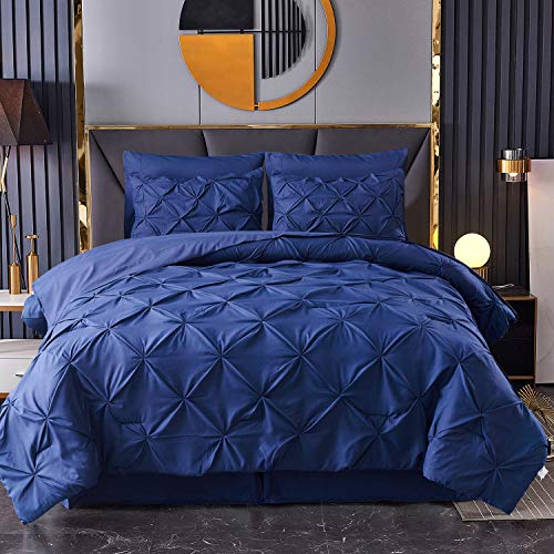 HAOK Bed in a Bag Set - 8 Pieces Pinch Pleat Bedding Comforter Sets, Pintuck Microfiber 500GSM Down Alternative King Comforter Set (Navy, King)