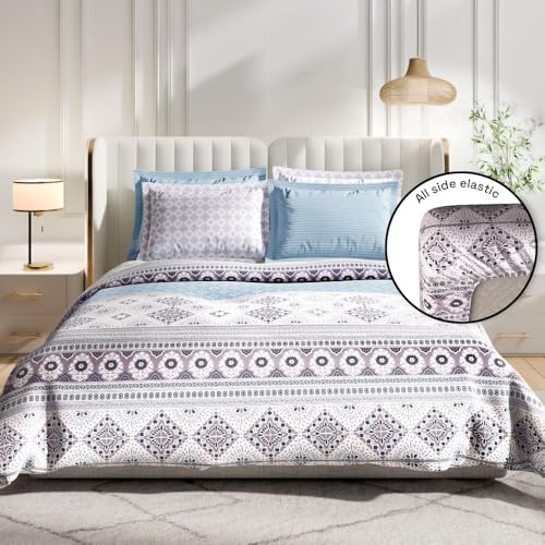 Image of Wakefit Printed Cotton Fitted Bedsheet | 300 TC Elastic Fitted Sheet, King Bed Bedsheet with 2 Pillow Covers | Gabriel - 78x72 inches, Multicolour