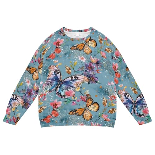 JUNZAN Glitter Colorful Butterflies and Flowers Blue Kids Boys Sweatshirts Hoodies Fleece Outerwear for Kids Sports 4T